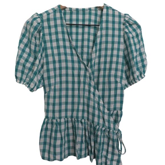 LOFT Women Sz S Teal White Gingham Plaid Surplice V Neck Wrap Blouse Puff Sleeve - Picture 1 of 7